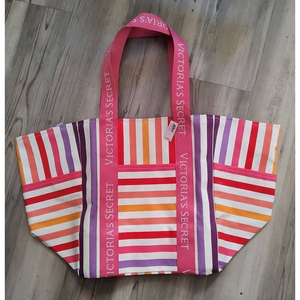 NWT~VICTORIA'S SECRET Tropical Striped Canvas Large Tote Bag~Beach & Cruise Read